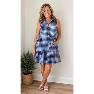 Crown & Ivy Blue White Gingham Tiered Sleeveless Button Front Shirt Dress Medium